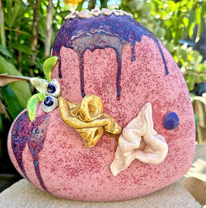 Salt Glaze Drip Vase Pink Ceramic Heart Funny Face & Floral Rim Signed
